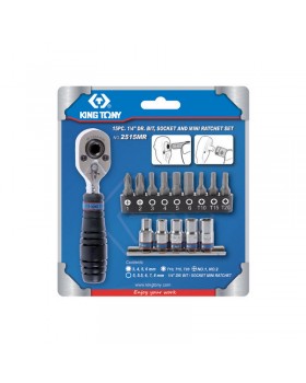 Набор вставок (бит) и головок с трещоткой 1/4&quot;, TORX, HEX, PH, 15 предметов KING TONY 2515MR