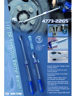 Трещотка 1/2", 550 мм, 90 зубцов, флажковая, фиксатор, телескопическая KING TONY 4773-22GS-foto3