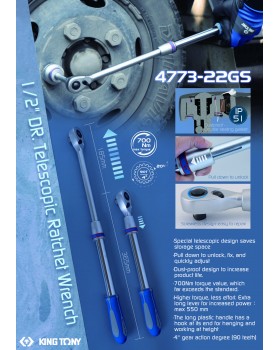 Трещотка 1/2", 550 мм, 90 зубцов, флажковая, фиксатор, телескопическая KING TONY 4773-22GS-foto3